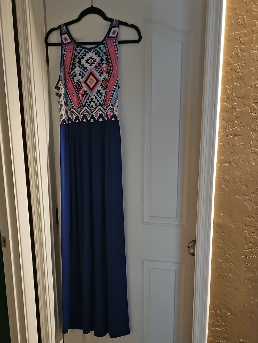 Sleeveless Navy Maxi Dress with Pink Aztec Bodice
